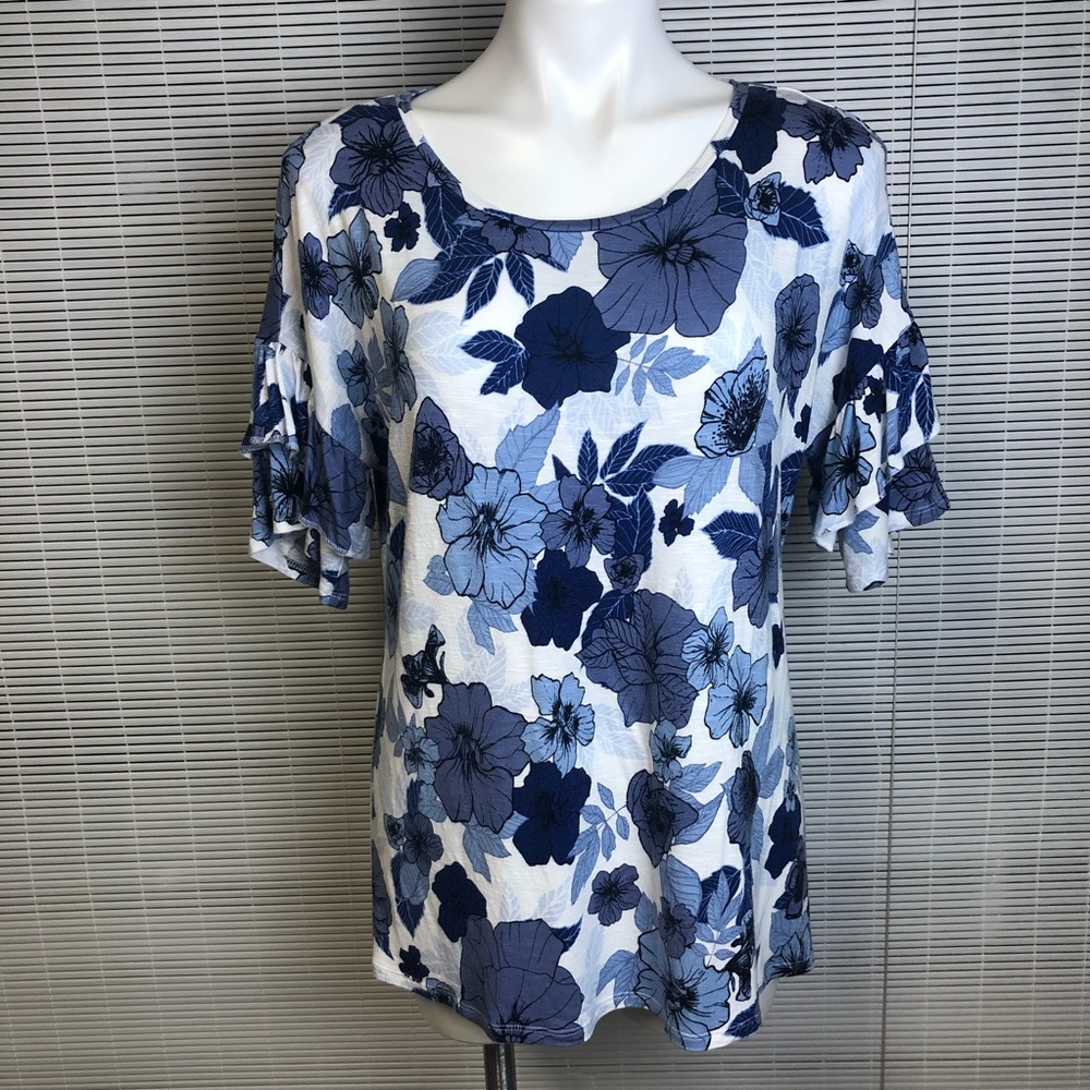 Floral Blue Ruffle Sleeve Tee Shirt Westport Top